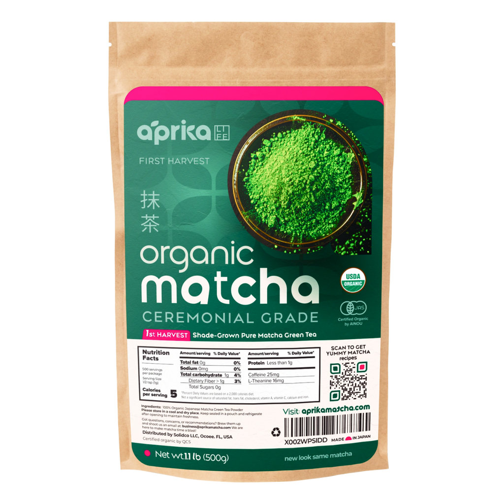 A package of Organic Japanese Ceremonial Grade Matcha Green Tea Powder featuring vibrant green powder visible through a transparent window.