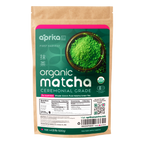 A package of Organic Japanese Ceremonial Grade Matcha Green Tea Powder featuring vibrant green powder visible through a transparent window.