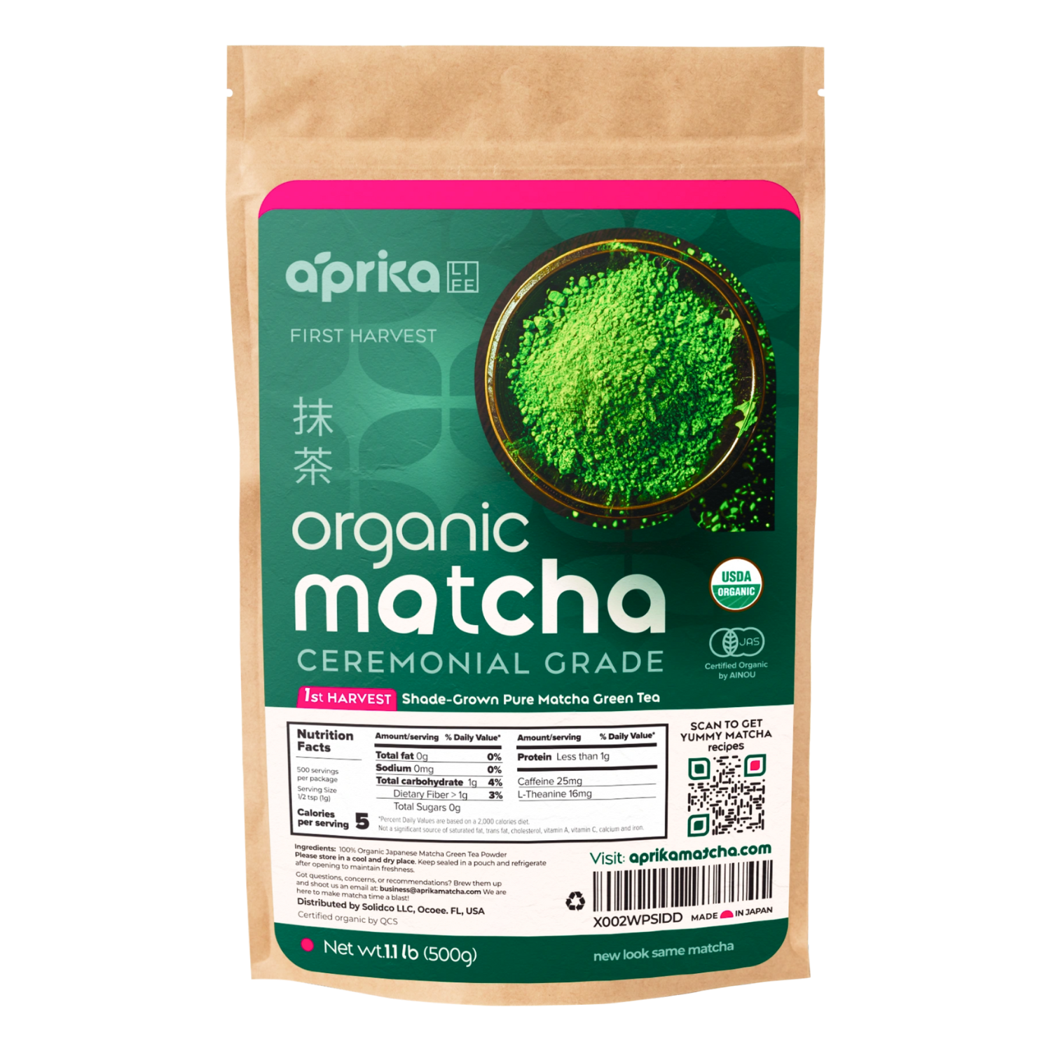 A package of Organic Japanese Ceremonial Grade Matcha Green Tea Powder featuring vibrant green powder visible through a transparent window.
