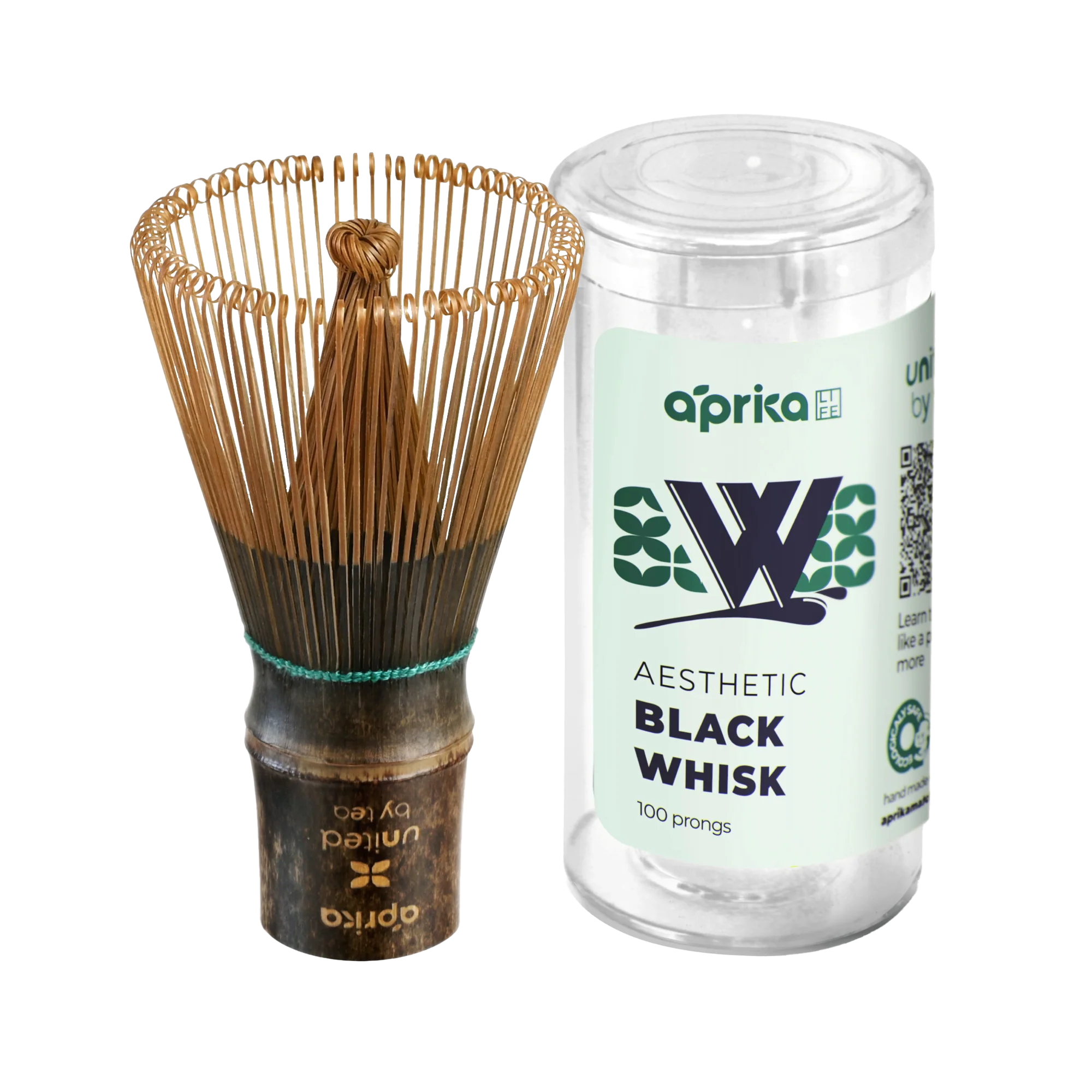 The Dark Matcha Bamboo Whisk (100 Prongs) comes with a container, ideal for ceremonial Matcha tea preparation. Labeled "aesthetic black whisk," it's a unique gift for tea enthusiasts seeking both style and functionality.