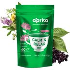 The "Calm and Relax Herbal Tea, 60 Bags" package, infused with natural herbs for stress relief, features a cup graphic adorned with floral and herbal designs.