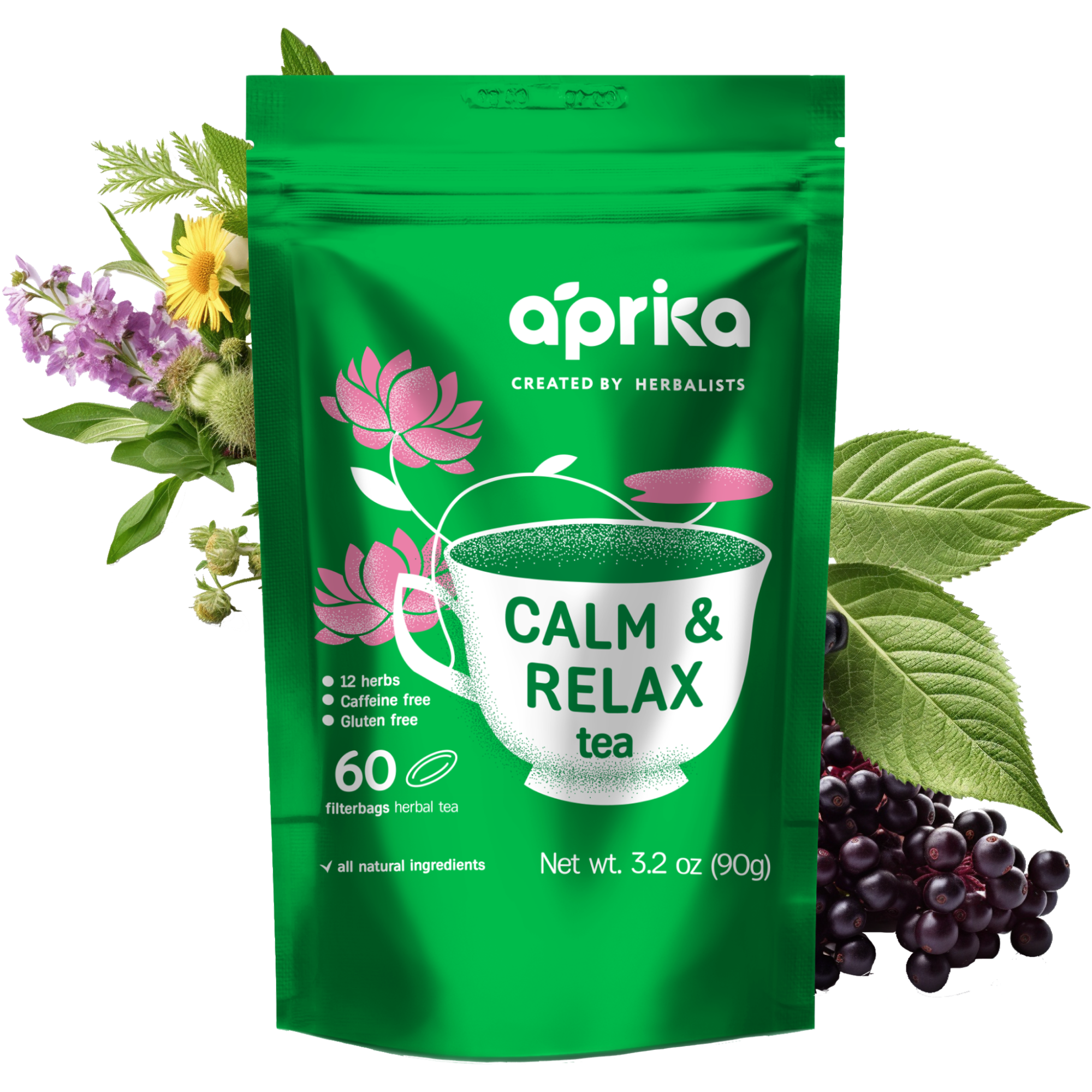 The "Calm and Relax Herbal Tea, 60 Bags" package, infused with natural herbs for stress relief, features a cup graphic adorned with floral and herbal designs.
