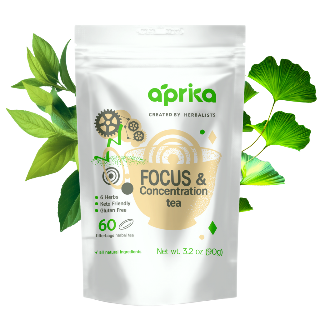 A bag of Focus & Concentration Herbal Tea (60 bags) is set against a backdrop of green leaves, promising clarity with every sip.