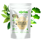 A bag of Focus & Concentration Herbal Tea (60 bags) is set against a backdrop of green leaves, promising clarity with every sip.