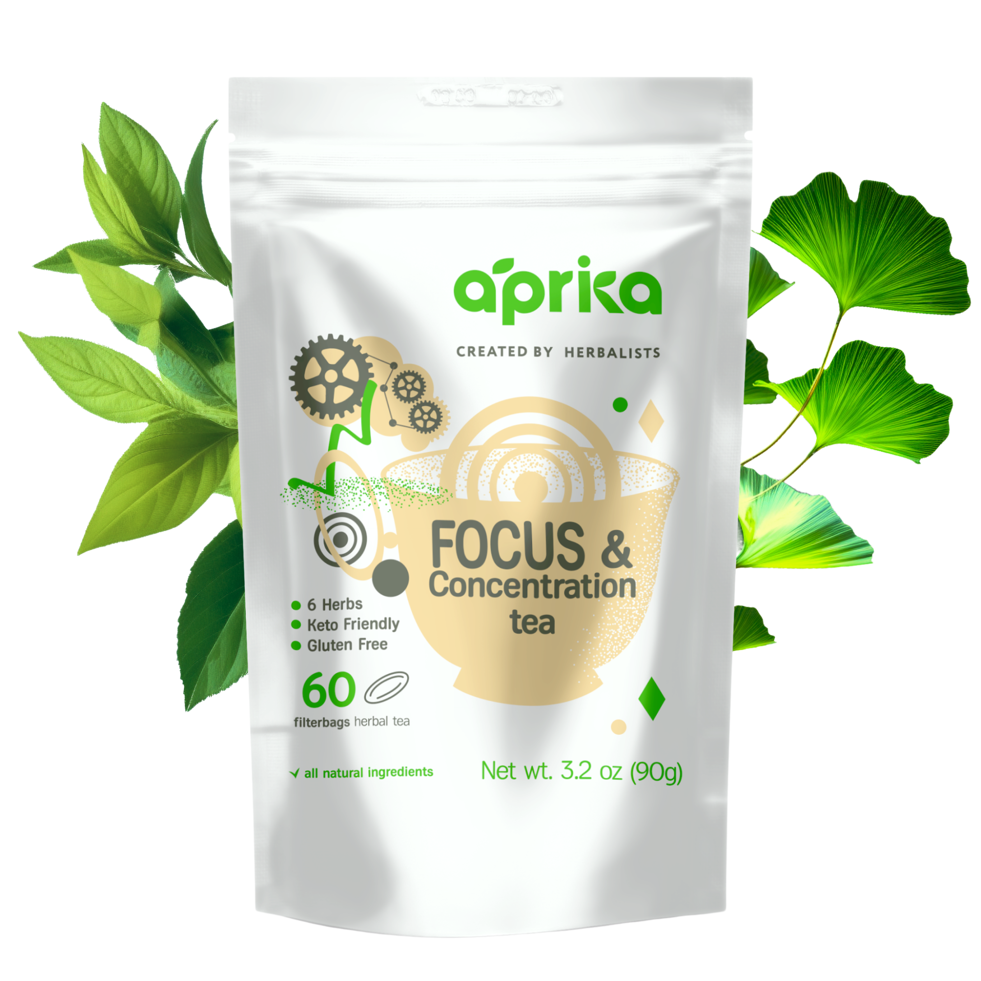 A bag of Focus & Concentration Herbal Tea (60 bags) is set against a backdrop of green leaves, promising clarity with every sip.