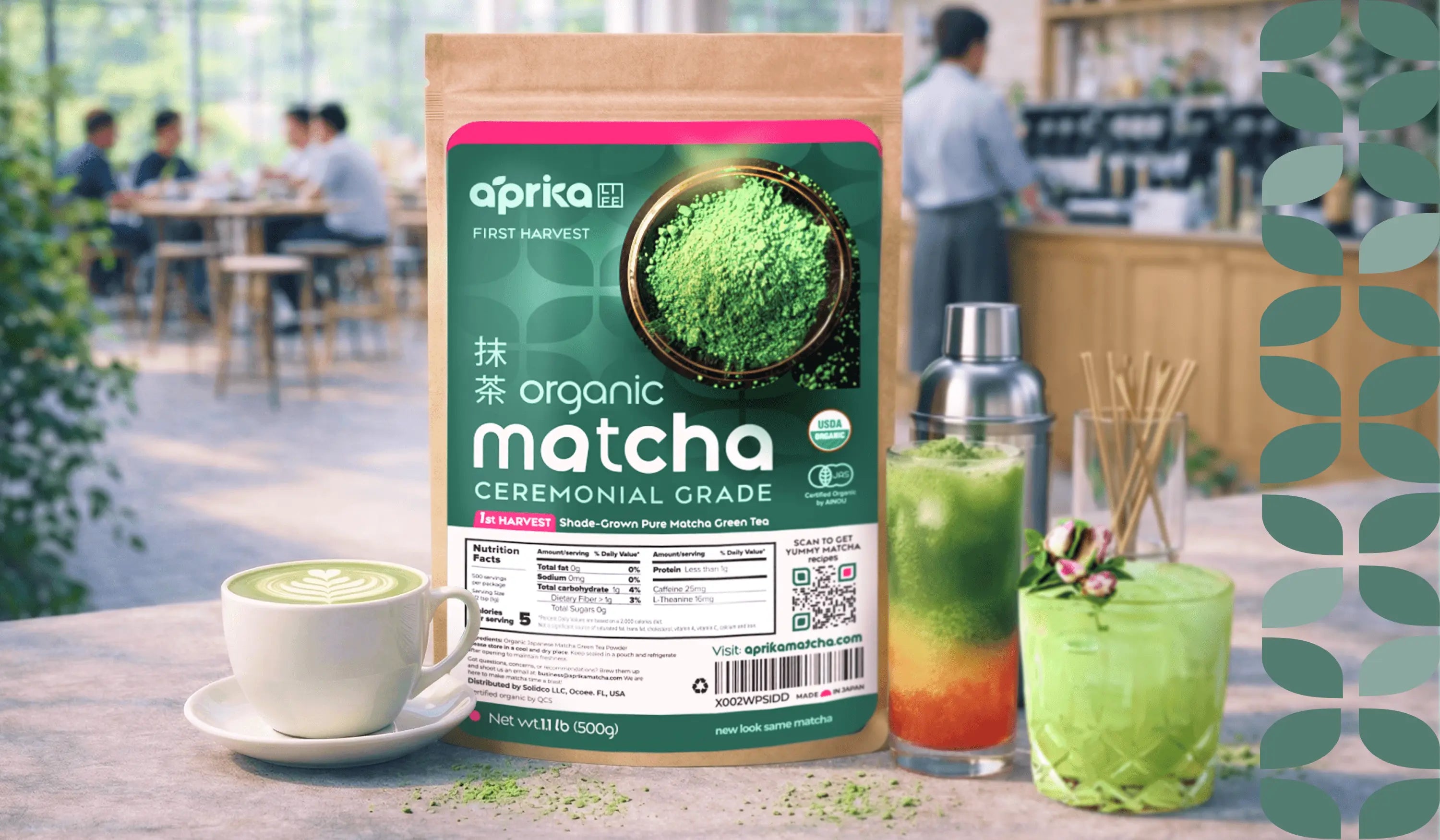 A bag of Aprika organic matcha with a latte, iced drink, and matcha shaker on a café table.