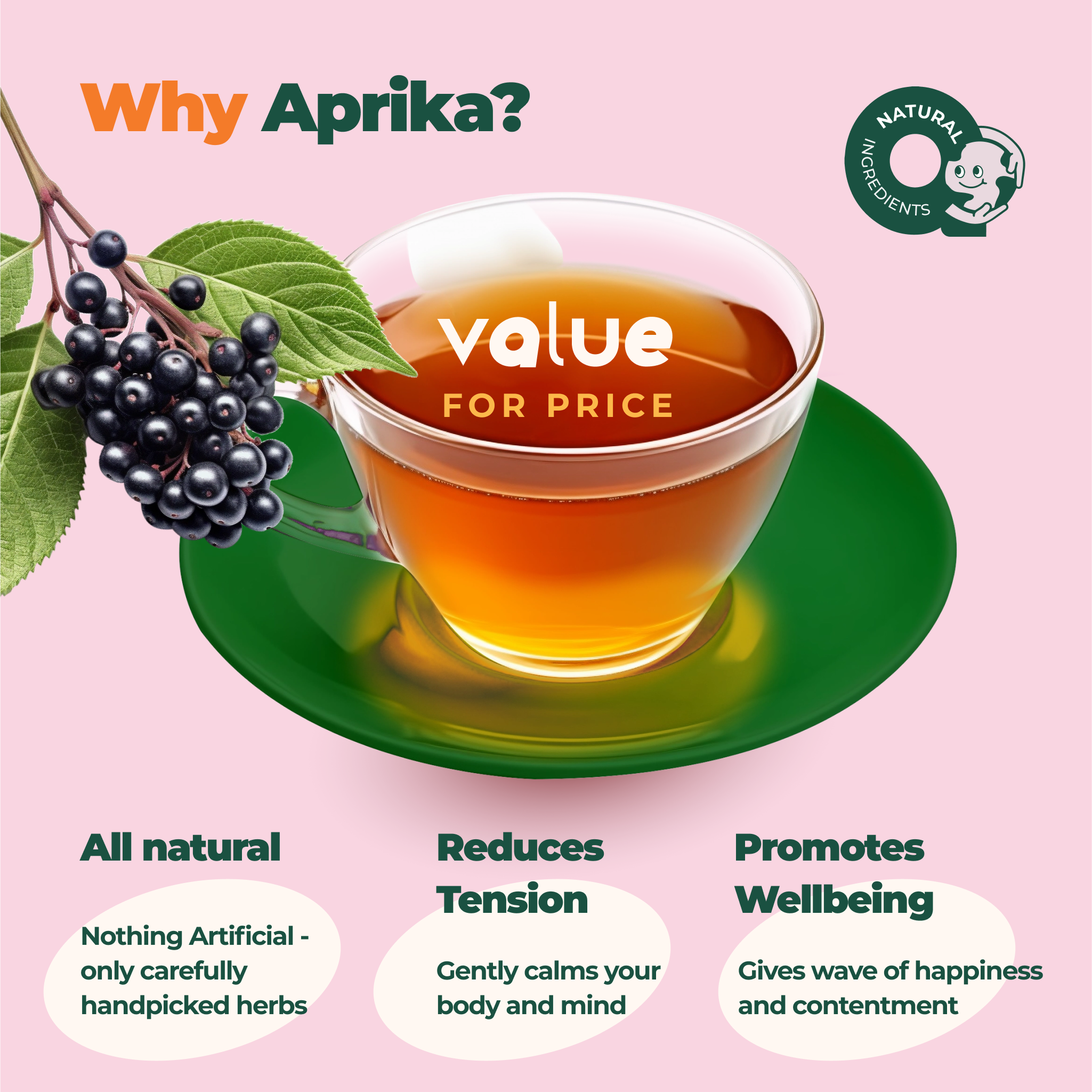 A cup of Calm and Relax Herbal Tea sits on a green saucer with elderberries, offering calming benefits that promote stress relief and overall well-being.