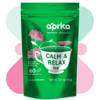 Calm and Relax Herbal Tea, 60 Bags features a teacup illustration on a pastel abstract background, ideal for stress relief and better sleep. Enjoy a soothing experience in every sip with this natural herbal tea.