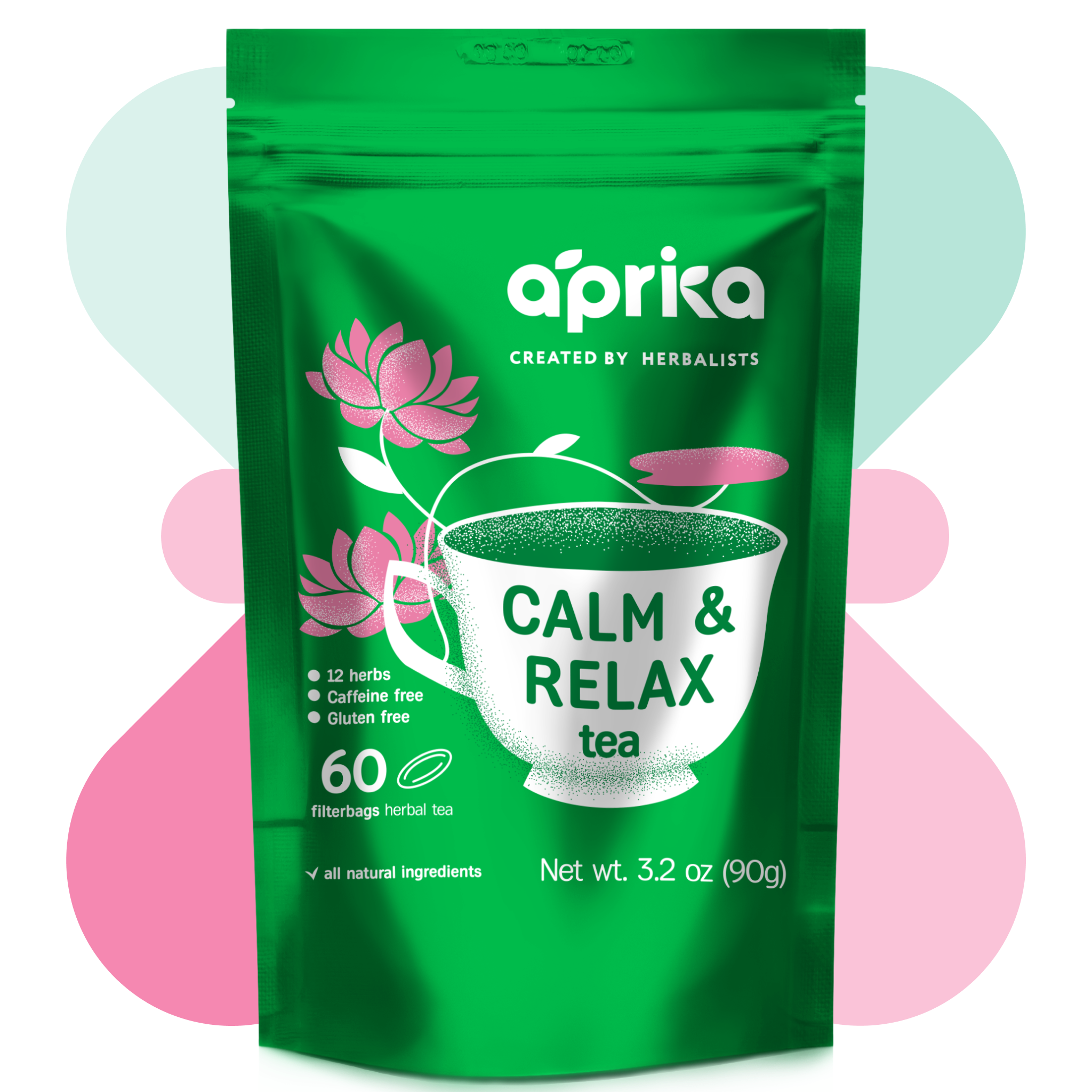 Calm and Relax Herbal Tea, 60 Bags features a teacup illustration on a pastel abstract background, ideal for stress relief and better sleep. Enjoy a soothing experience in every sip with this natural herbal tea.