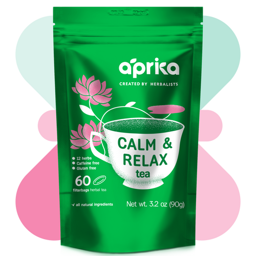 Calm and Relax Herbal Tea, 60 Bags features a teacup illustration on a pastel abstract background, ideal for stress relief and better sleep. Enjoy a soothing experience in every sip with this natural herbal tea.