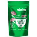 The "Calm and Relax Herbal Tea" package features a teacup and pink flowers, offering 60 bags designed for stress relief. This natural tea promotes gentle sleep improvement, helping you unwind with every soothing sip.