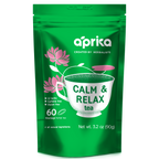 The "Calm and Relax Herbal Tea" package features a teacup and pink flowers, offering 60 bags designed for stress relief. This natural tea promotes gentle sleep improvement, helping you unwind with every soothing sip.