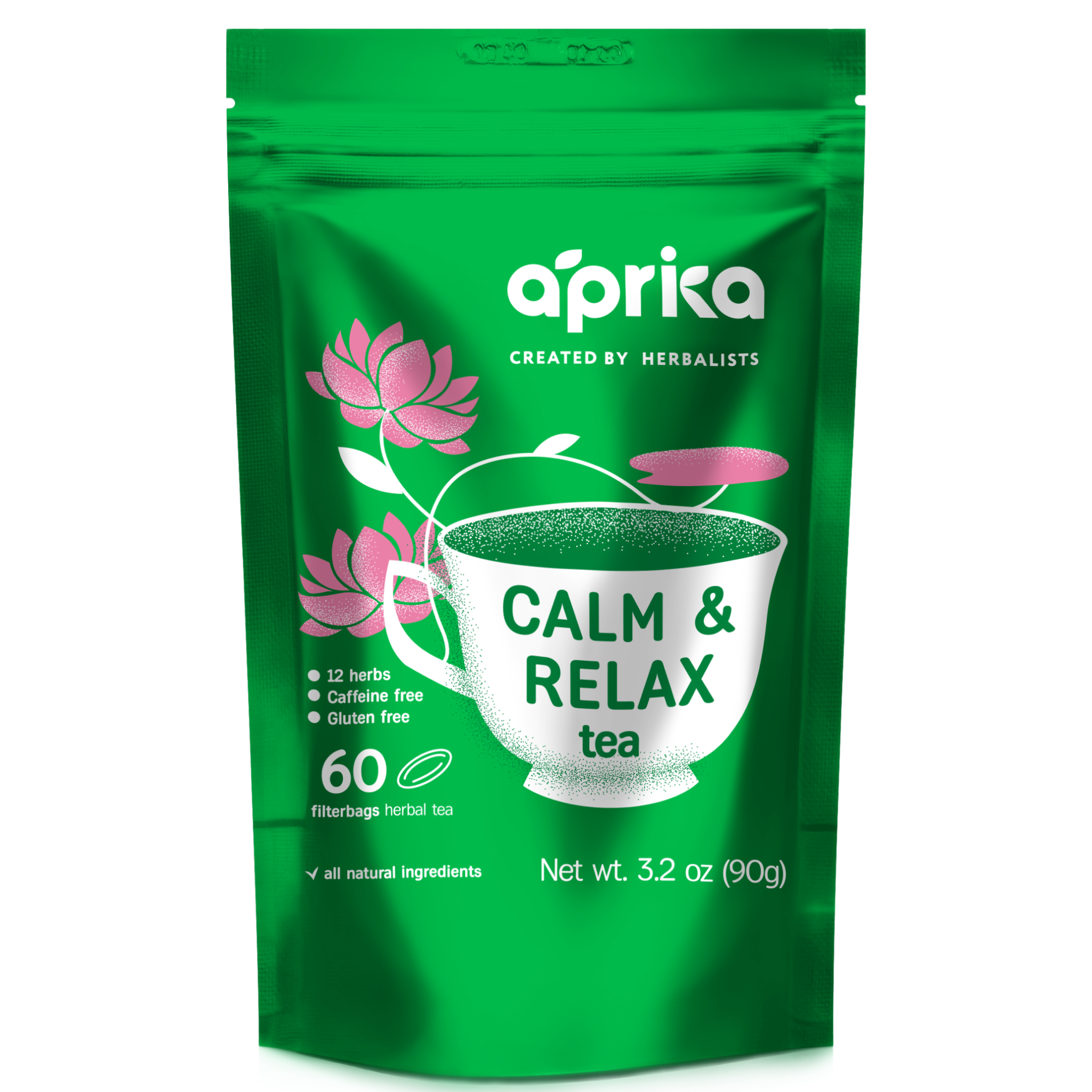 The "Calm and Relax Herbal Tea" package features a teacup and pink flowers, offering 60 bags designed for stress relief. This natural tea promotes gentle sleep improvement, helping you unwind with every soothing sip.