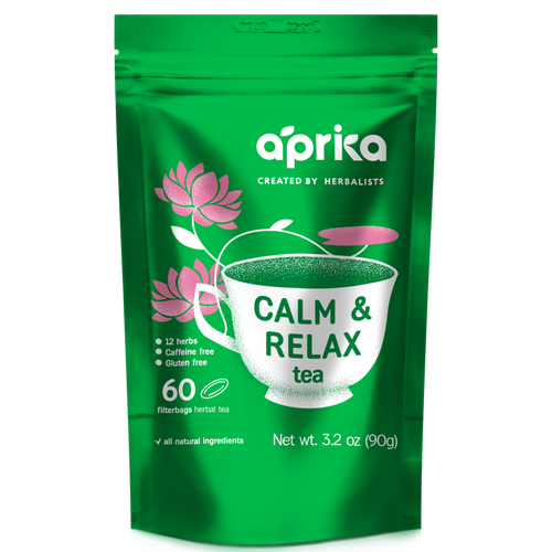 The "Calm and Relax Herbal Tea" package features a teacup and pink flowers, offering 60 bags designed for stress relief. This natural tea promotes gentle sleep improvement, helping you unwind with every soothing sip.