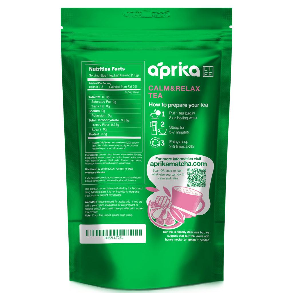 The Calm and Relax Herbal Tea, 60 Bags package includes preparation instructions and nutritional facts on the back, featuring natural herbal ingredients known for stress relief.