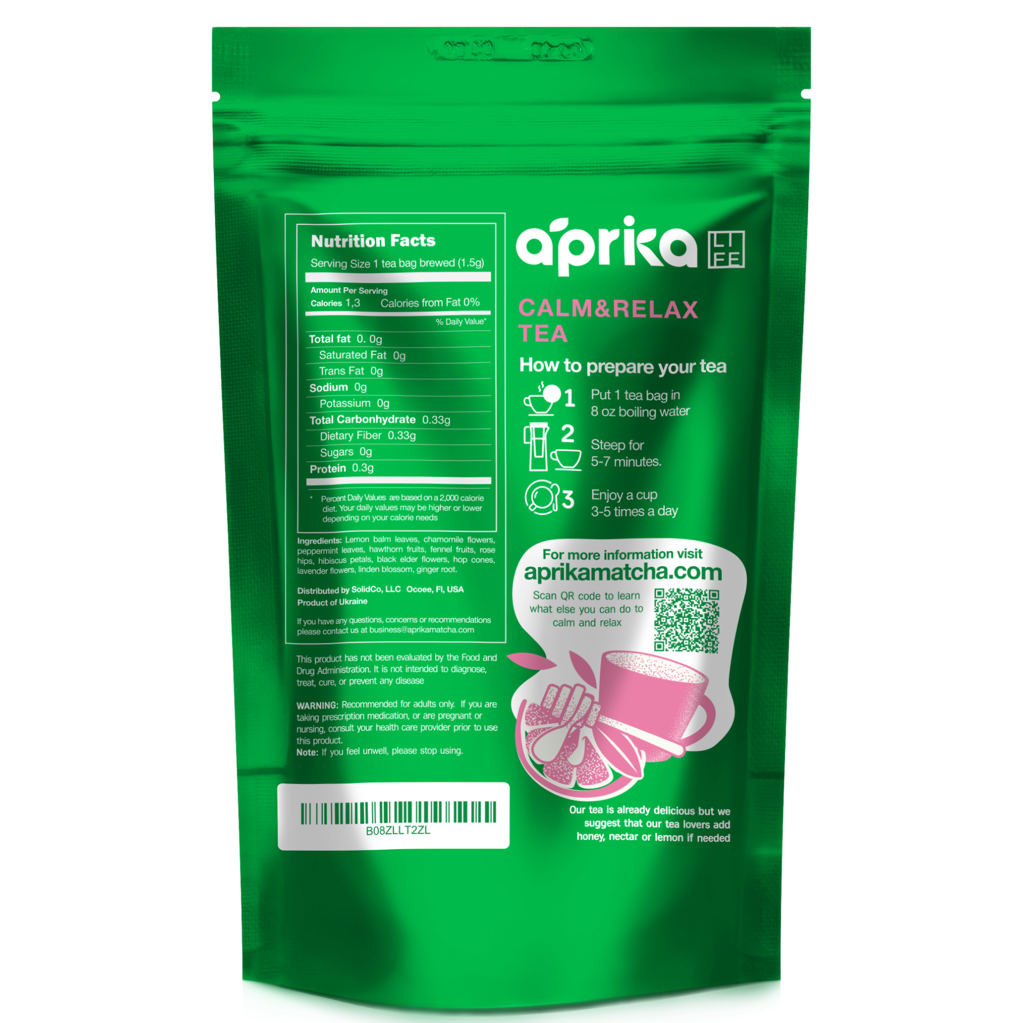 The Calm and Relax Herbal Tea, 60 Bags package includes preparation instructions and nutritional facts on the back, featuring natural herbal ingredients known for stress relief.