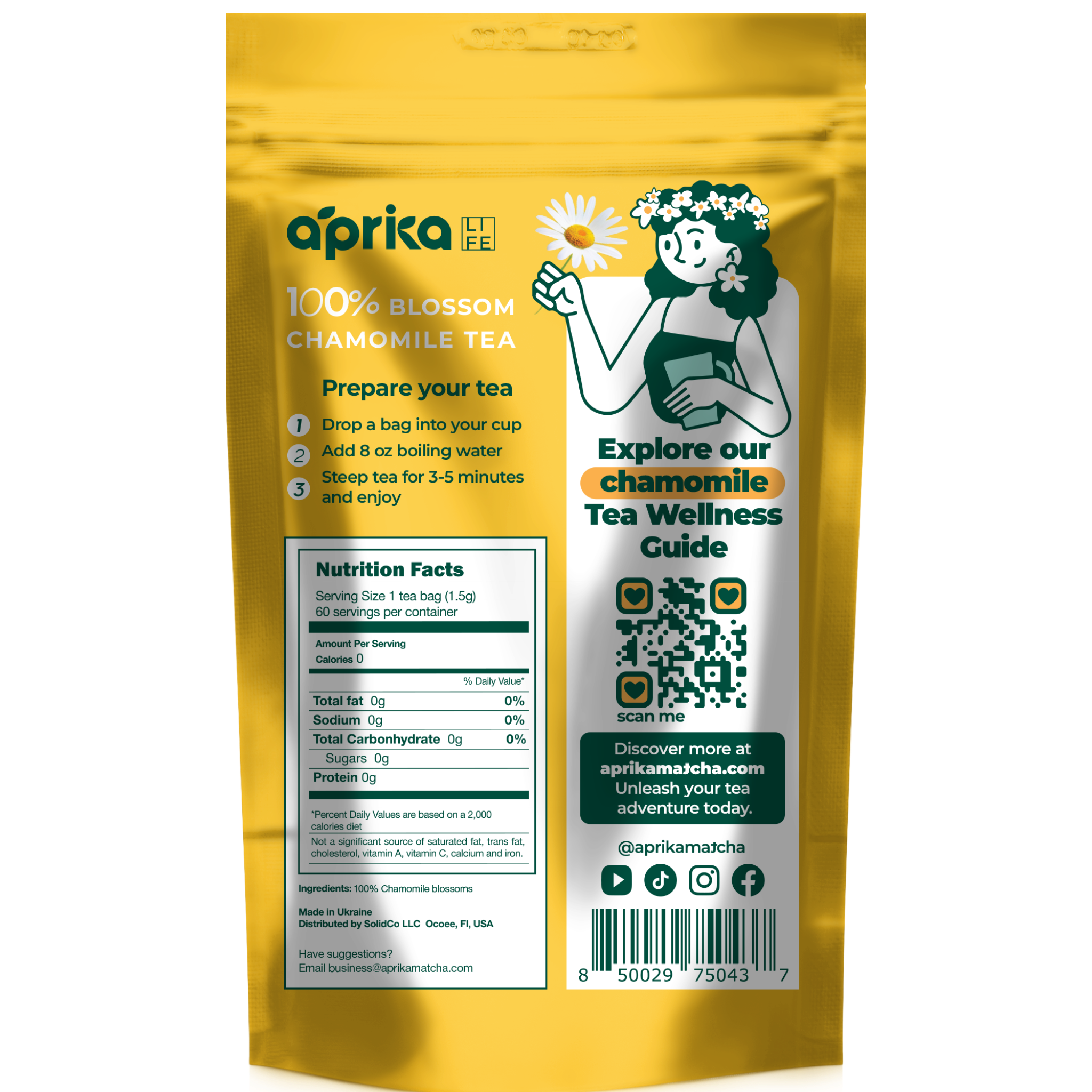Golden pouch of 100% Pure Chamomile Herbal Tea, 60 Bags, offers calming properties. The back features instructions, nutrition facts, and a QR code to explore its soothing health benefits.