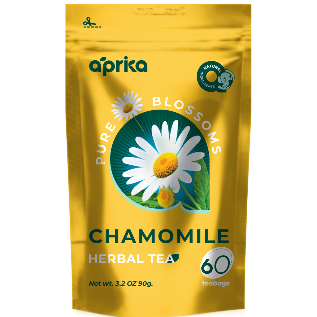A pack of Aprika Pure Blossoms Chamomile Herbal Tea. Good for making natural chamomile tea. One of the best best chamomile tea for anxiety. Chamomile tea benefits are huge for everyone.