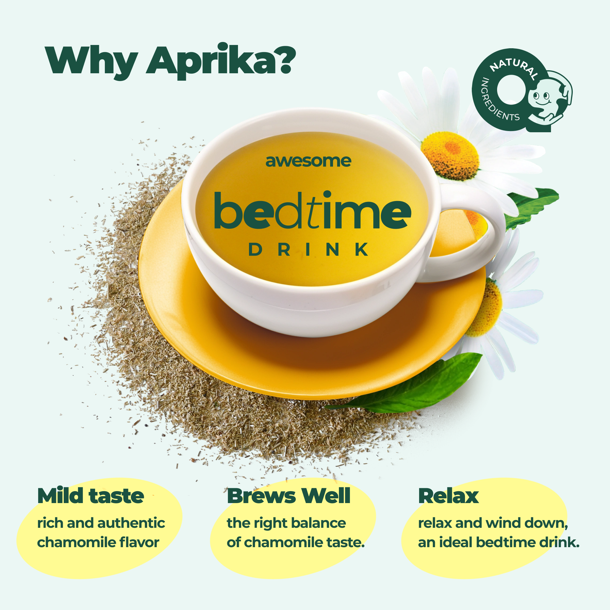 A cup of 100% Pure Chamomile Herbal Tea, noted for its calming properties, nestled among chamomile flowers with text emphasizing its soothing features.