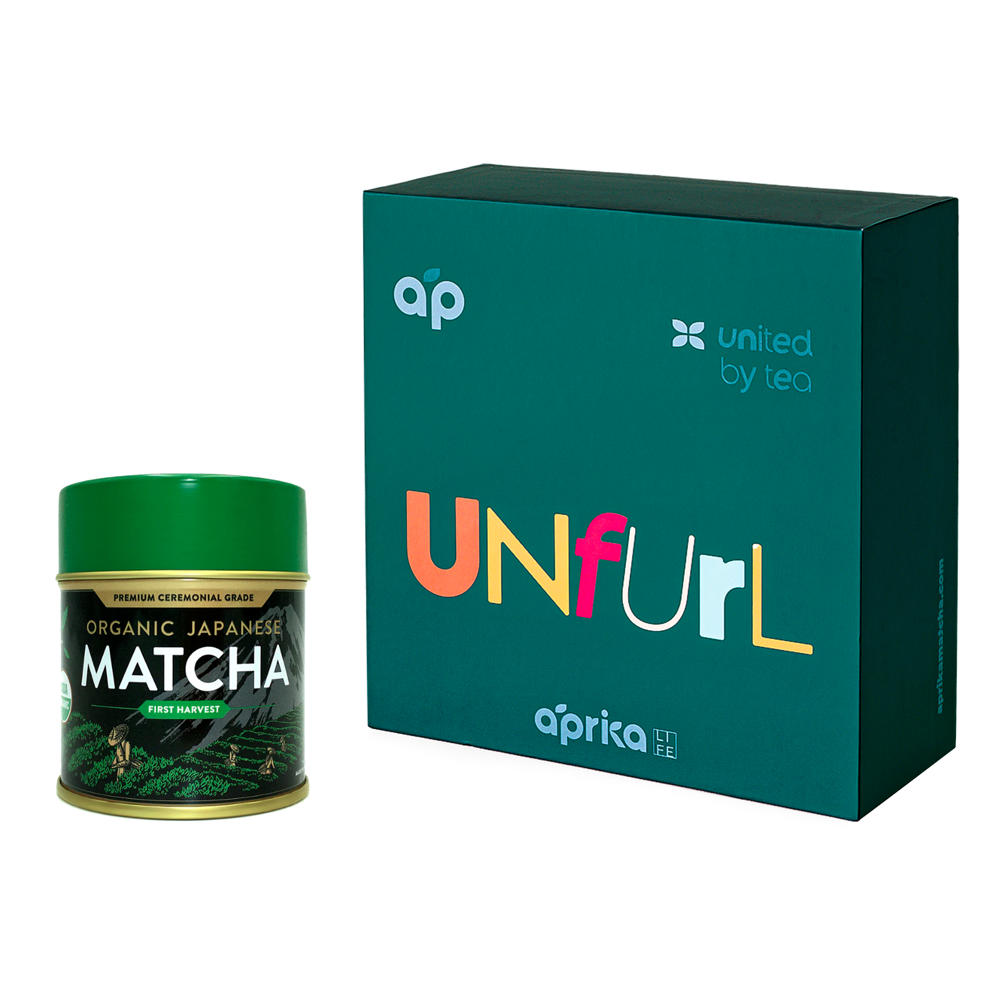 The Green Unfurl Matcha Gift Set features a tin of organic Japanese matcha beside a green "UNfurl" and "united by tea" gift box—the perfect choice for your daily matcha ritual.