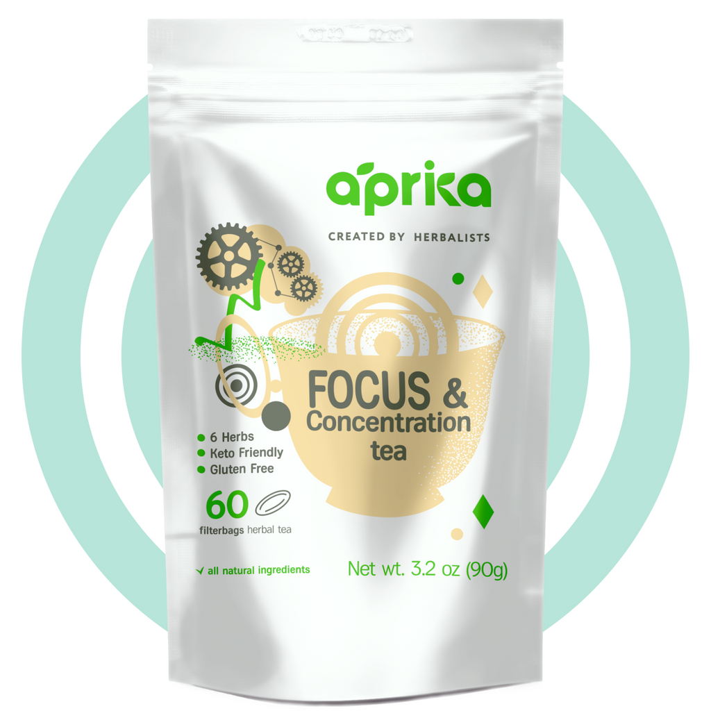 Bag of Focus & Concentration Herbal Tea featuring gear and leaf designs on a light blue circular background to promote enhanced clarity.