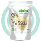 Bag of Focus & Concentration Herbal Tea featuring gear and leaf designs on a light blue circular background to promote enhanced clarity.