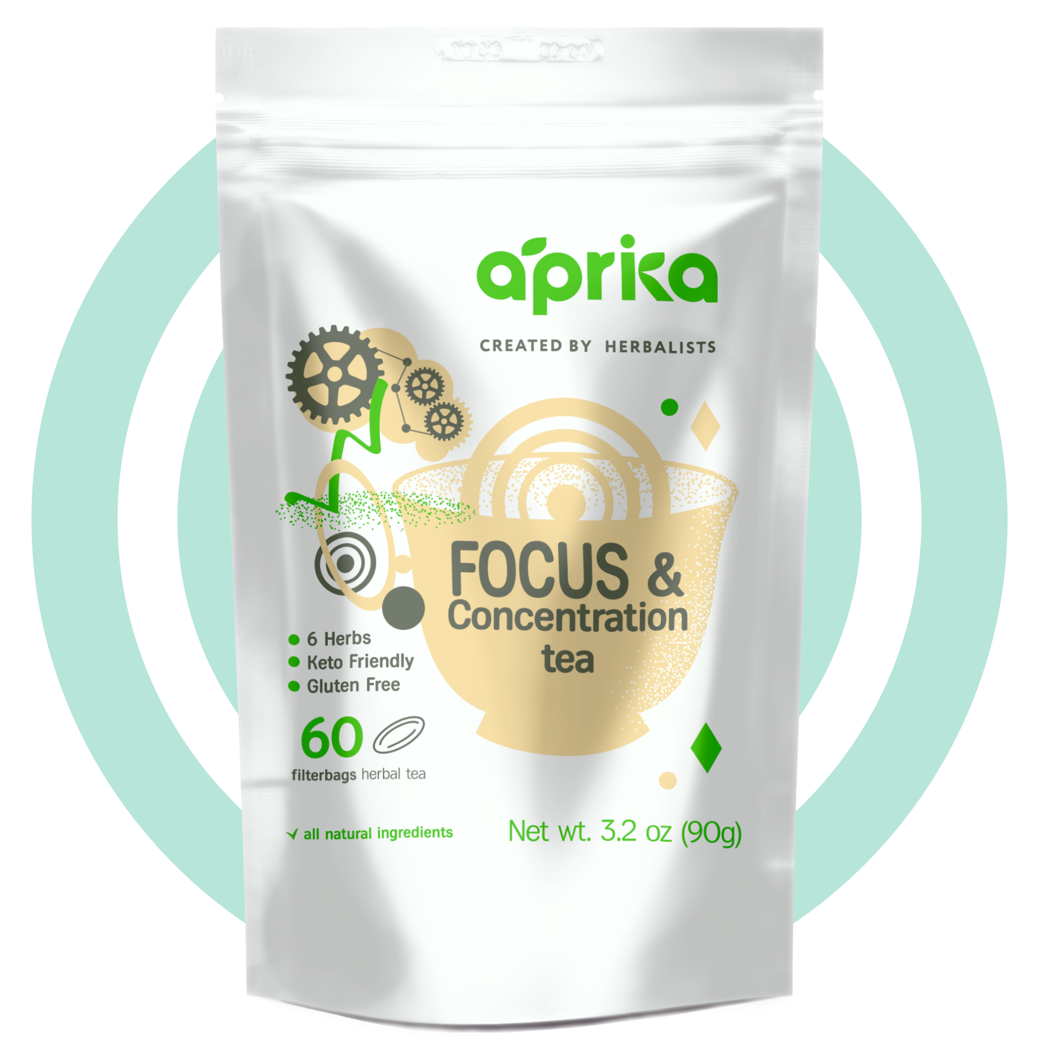 Bag of Focus & Concentration Herbal Tea featuring gear and leaf designs on a light blue circular background to promote enhanced clarity.