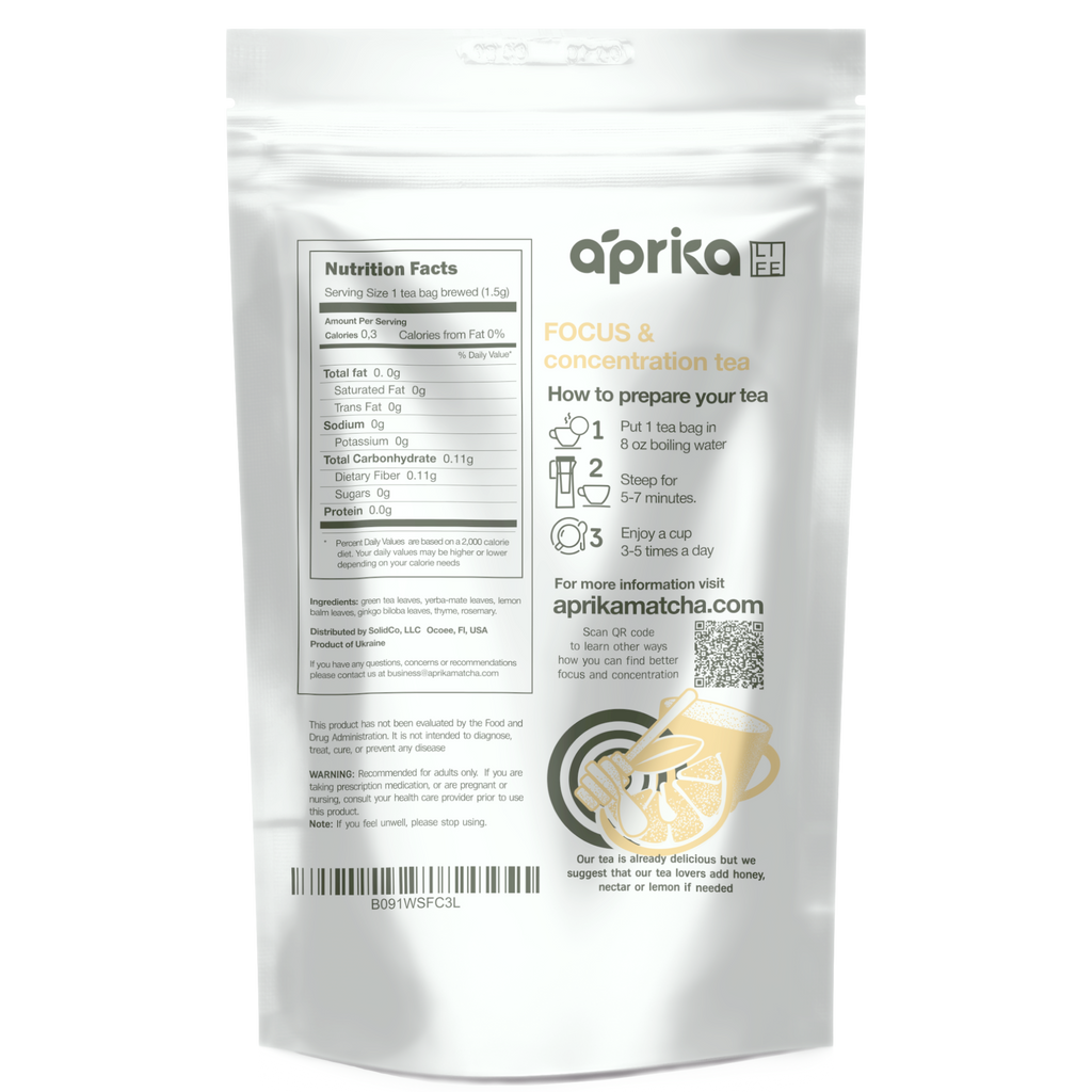 Focus & Concentration Herbal Tea, 60 Bags, features a silver package with preparation instructions and a lemon twist design at the bottom, offering a blend for enhancing focus and clarity.