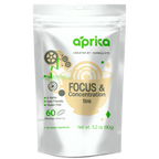 A silver pouch of "Focus & Concentration Herbal Tea, 60 Bags" with green accents emphasizes clarity and product benefits.
