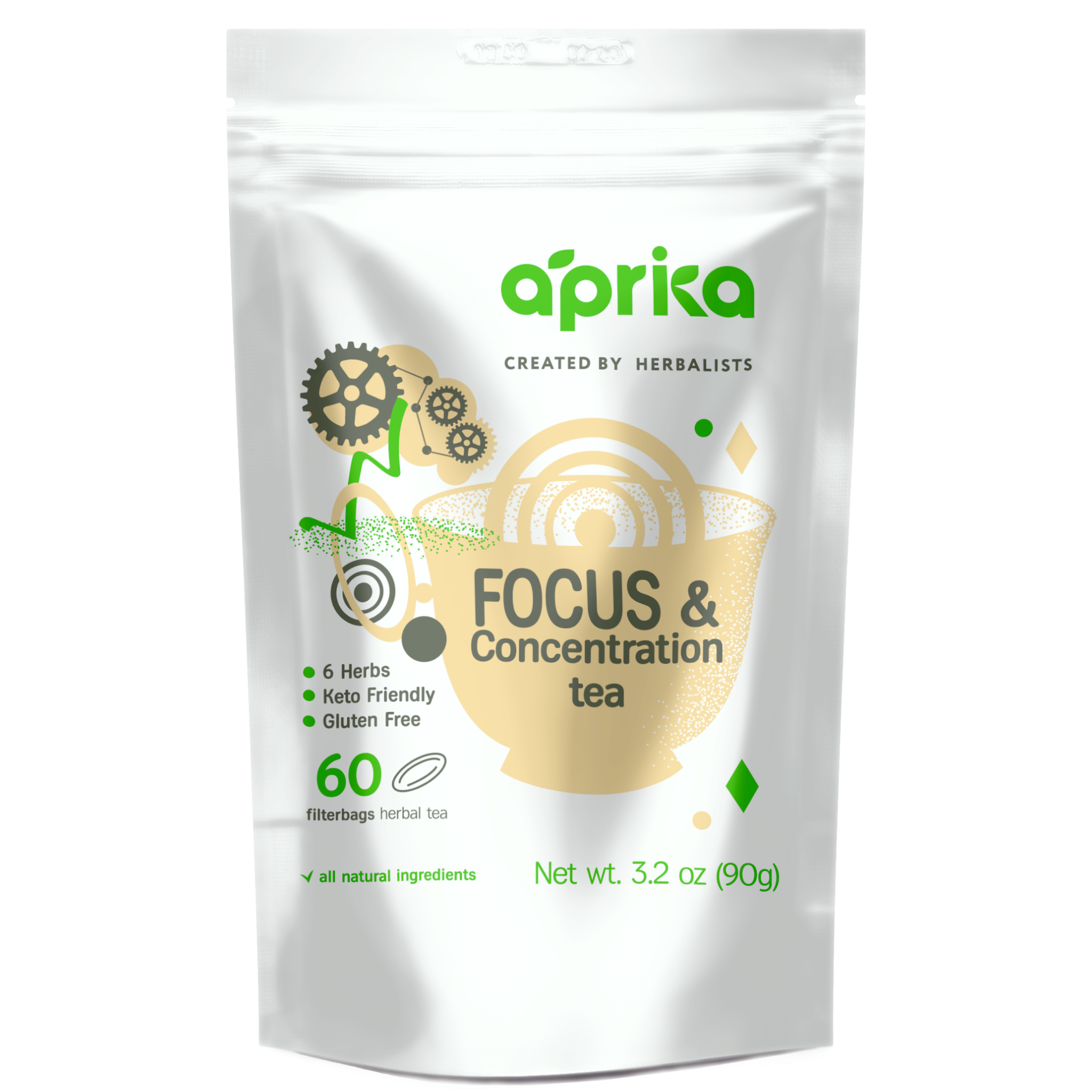 A silver pouch of "Focus & Concentration Herbal Tea, 60 Bags" with green accents emphasizes clarity and product benefits.