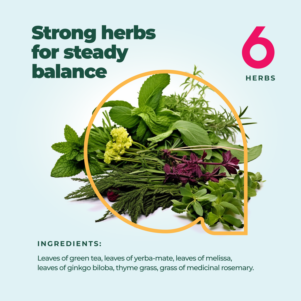 The Focus & Concentration Herbal Tea, containing green tea, yerba-mate, melissa, and rosemary, offers a refreshing blend designed to boost focus and clarity with every sip. Available in packs of 60 bags.