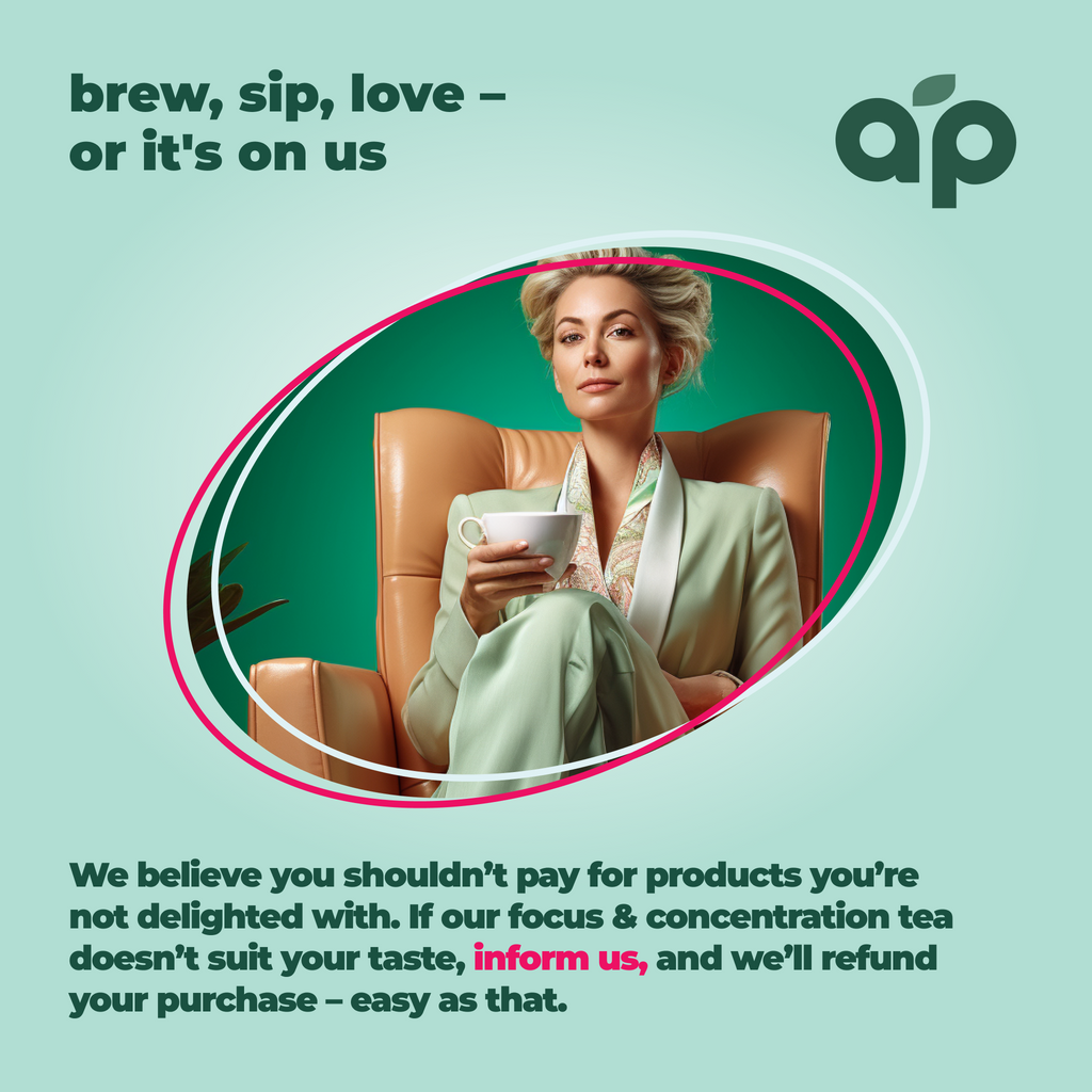 A woman in a suit confidently sips Focus & Concentration Herbal Tea, 60 Bags. Her focus is highlighted by a green background showcasing our satisfaction guarantee, ensuring clarity in your purchase decision.