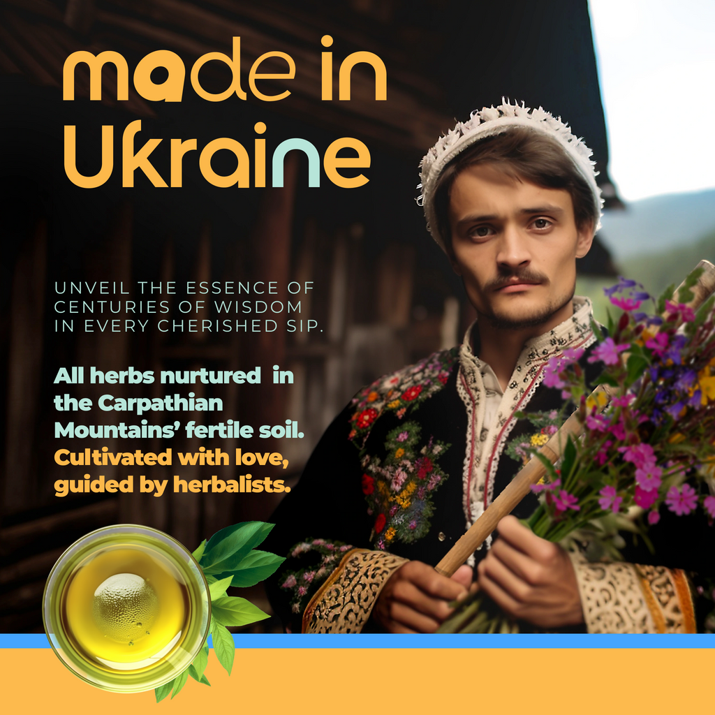 A man in traditional Ukrainian clothing holds flowers, promoting Focus & Concentration Herbal Tea (60 Bags)—a soothing beverage from Ukraine that supports clarity and focus.