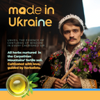 A man in traditional Ukrainian clothing holds flowers, promoting Focus & Concentration Herbal Tea (60 Bags)—a soothing beverage from Ukraine that supports clarity and focus.