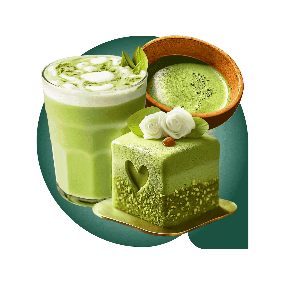 Iced matcha latte, matcha cake with heart cutout, and a bowl of matcha tea on a green background.