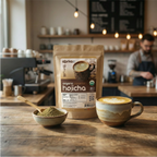 A bag of Hojicha Green Tea Powder, a bowl with powder and spoon, and a latte on a café counter with a barista behind, capturing the rich aroma of Japanese roasted green tea.