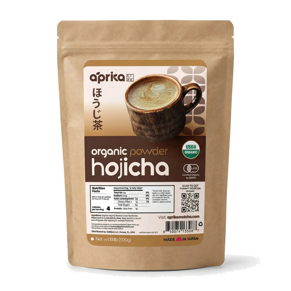A brown bag of Hojicha Green Tea Powder, a roasted Japanese green tea, displays a cup of tea and product details on the label.