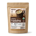 A brown bag of Hojicha Green Tea Powder, a roasted Japanese green tea, displays a cup of tea and product details on the label.