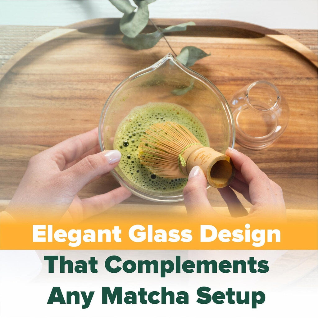A person whisks matcha in a glass bowl on a wooden tray with the text: "Clear Glass Matcha Whisk Holder and Bamboo Whisk Set—an elegant design that enhances any tea set.