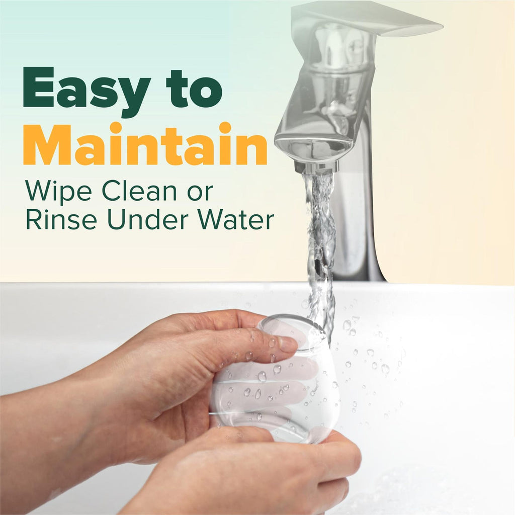 Hands rinsing the Clear Glass Matcha Whisk Holder and Bamboo Whisk Set under a faucet with text: "Effortless Cleaning—Simply Wipe or Rinse with Water.