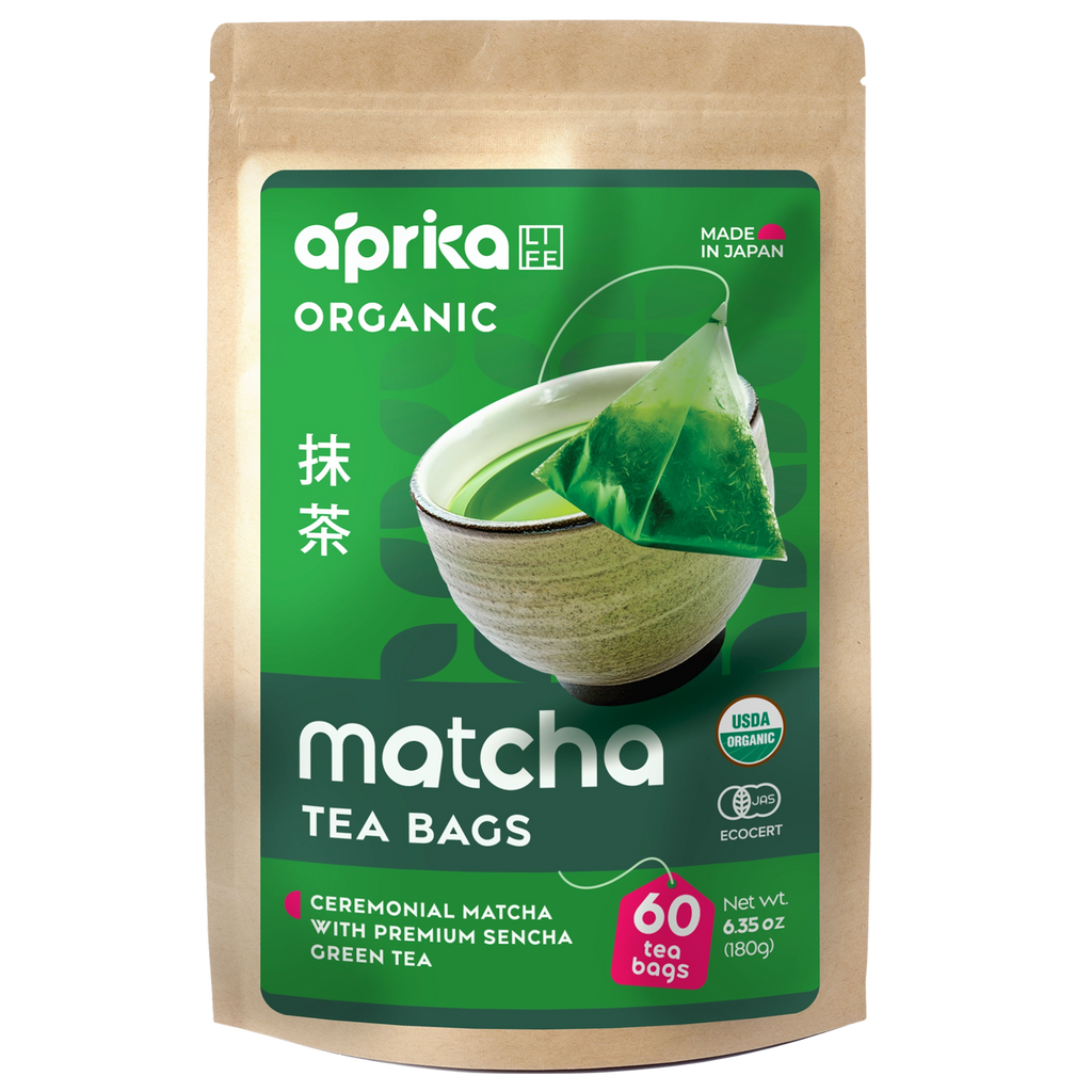 A package of Japanese Matcha Green Tea Bags, featuring a tea bowl and green tea bag image, perfect for enjoying authentic matcha flavor.