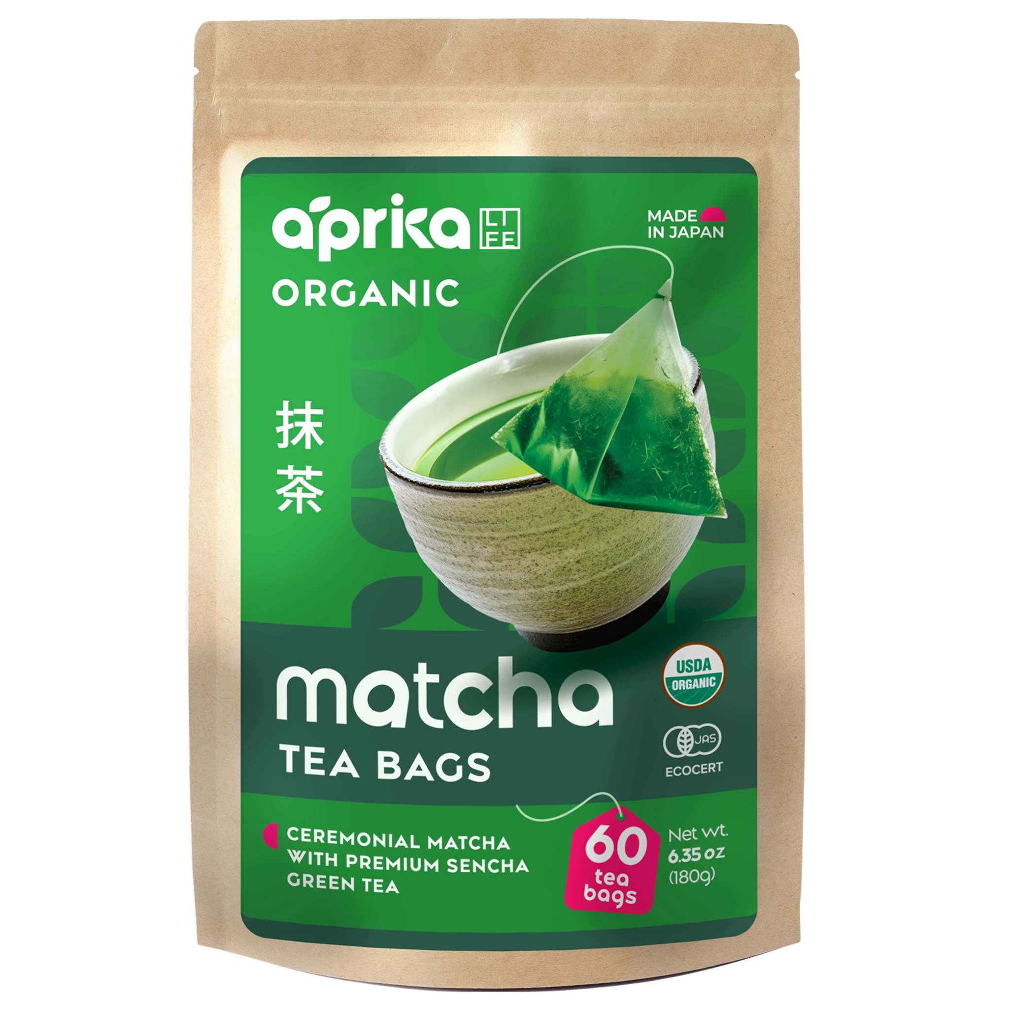 A package of Japanese Matcha Green Tea Bags, featuring a tea bowl and green tea bag image, perfect for enjoying authentic matcha flavor.