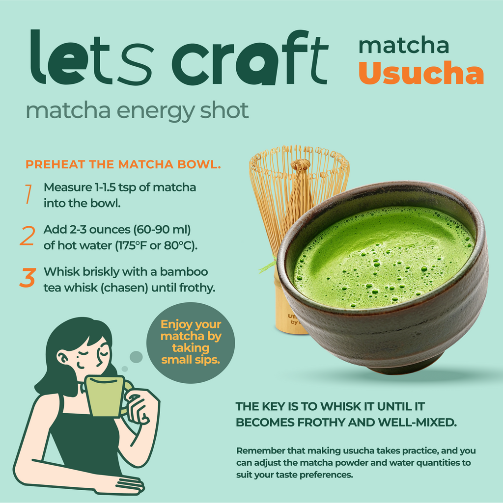 Instructions for preparing Usucha matcha: Use Organic Japanese Ceremonial Grade Matcha Green Tea Powder, whisk in a bowl until frothy. Enjoy the delicate flavors like the woman savoring her ideally crafted matcha.