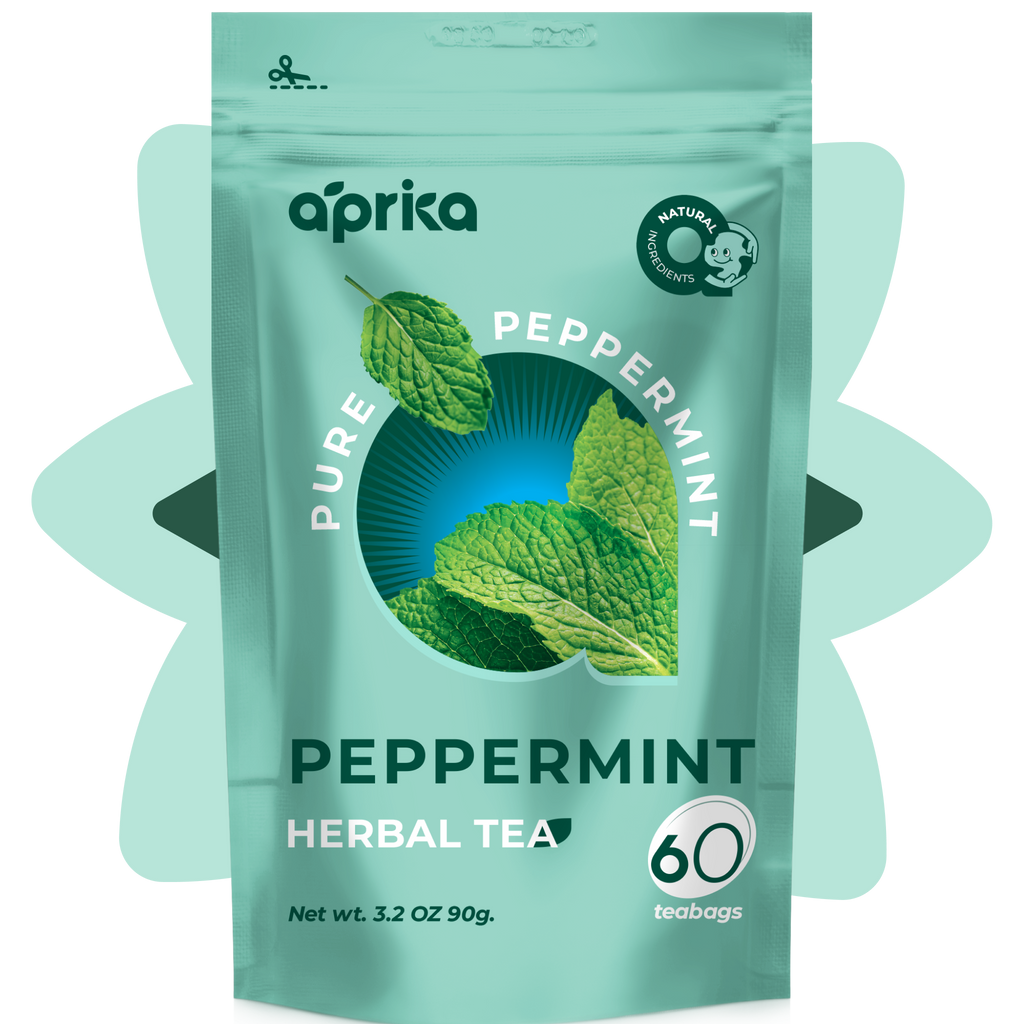 A teal package of 100% Pure Peppermint Herbal Tea, with mint leaves and a cute penguin logo, is caffeine-free and offers numerous health benefits. It contains 60 teabags for a refreshing experience.