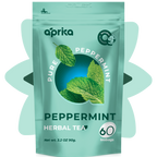 A teal package of 100% Pure Peppermint Herbal Tea, with mint leaves and a cute penguin logo, is caffeine-free and offers numerous health benefits. It contains 60 teabags for a refreshing experience.