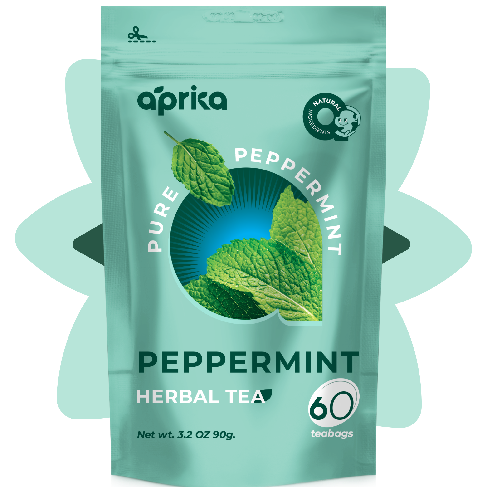 A teal package of 100% Pure Peppermint Herbal Tea, with mint leaves and a cute penguin logo, is caffeine-free and offers numerous health benefits. It contains 60 teabags for a refreshing experience.