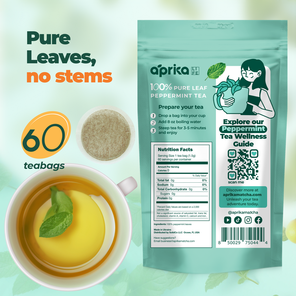 Peppermint tea packaging with cup and tea bag, boldly stating: "100% Pure Peppermint Herbal Tea, 60 Bags. Enjoy the caffeine-free delight and savor the health benefits.