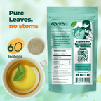 Peppermint tea packaging with cup and tea bag, boldly stating: "100% Pure Peppermint Herbal Tea, 60 Bags. Enjoy the caffeine-free delight and savor the health benefits.