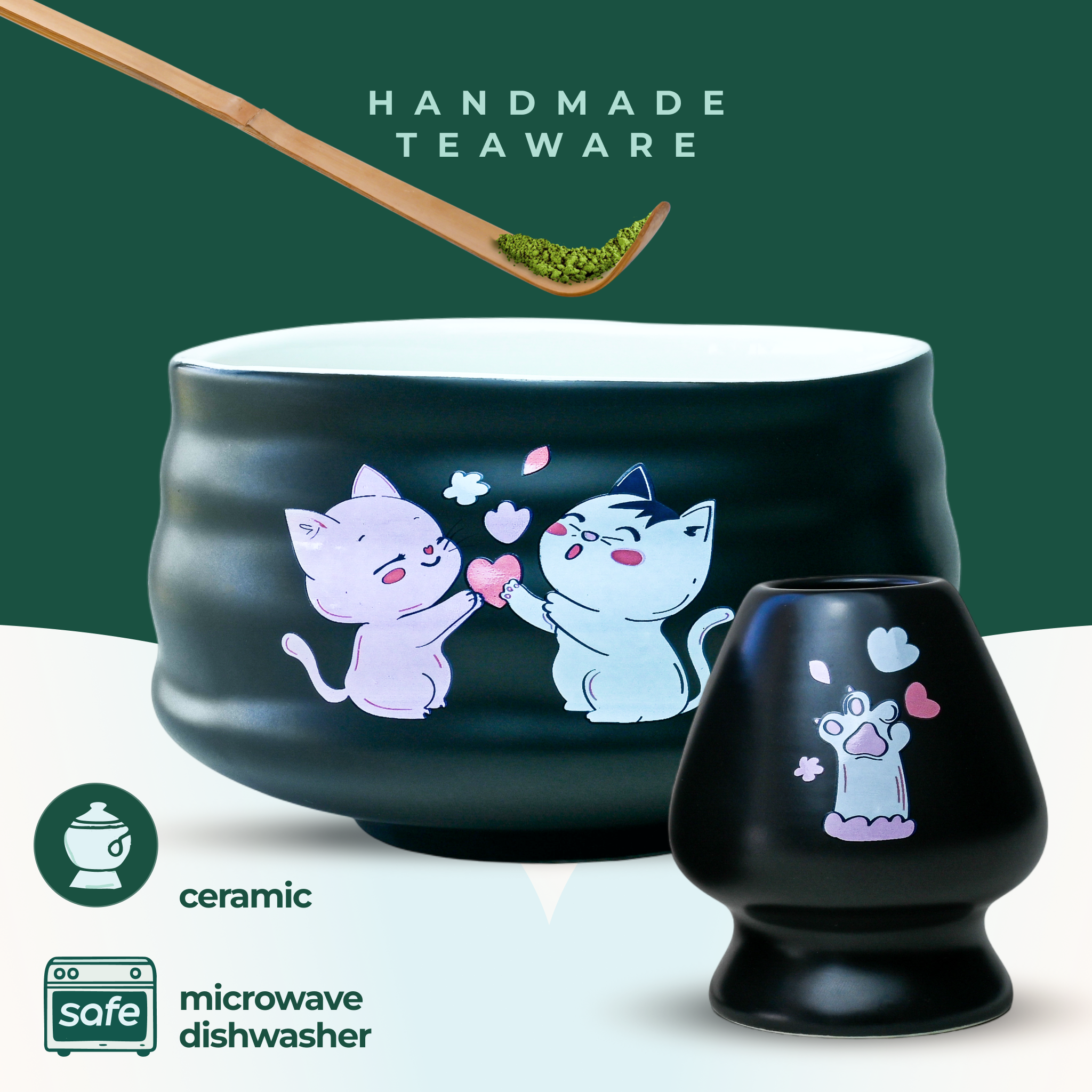 The Black Unfurl Matcha Gift Set includes black ceramic teaware with kawaii cat bowl designs. Each piece is labeled handmade and is both microwave and dishwasher safe.