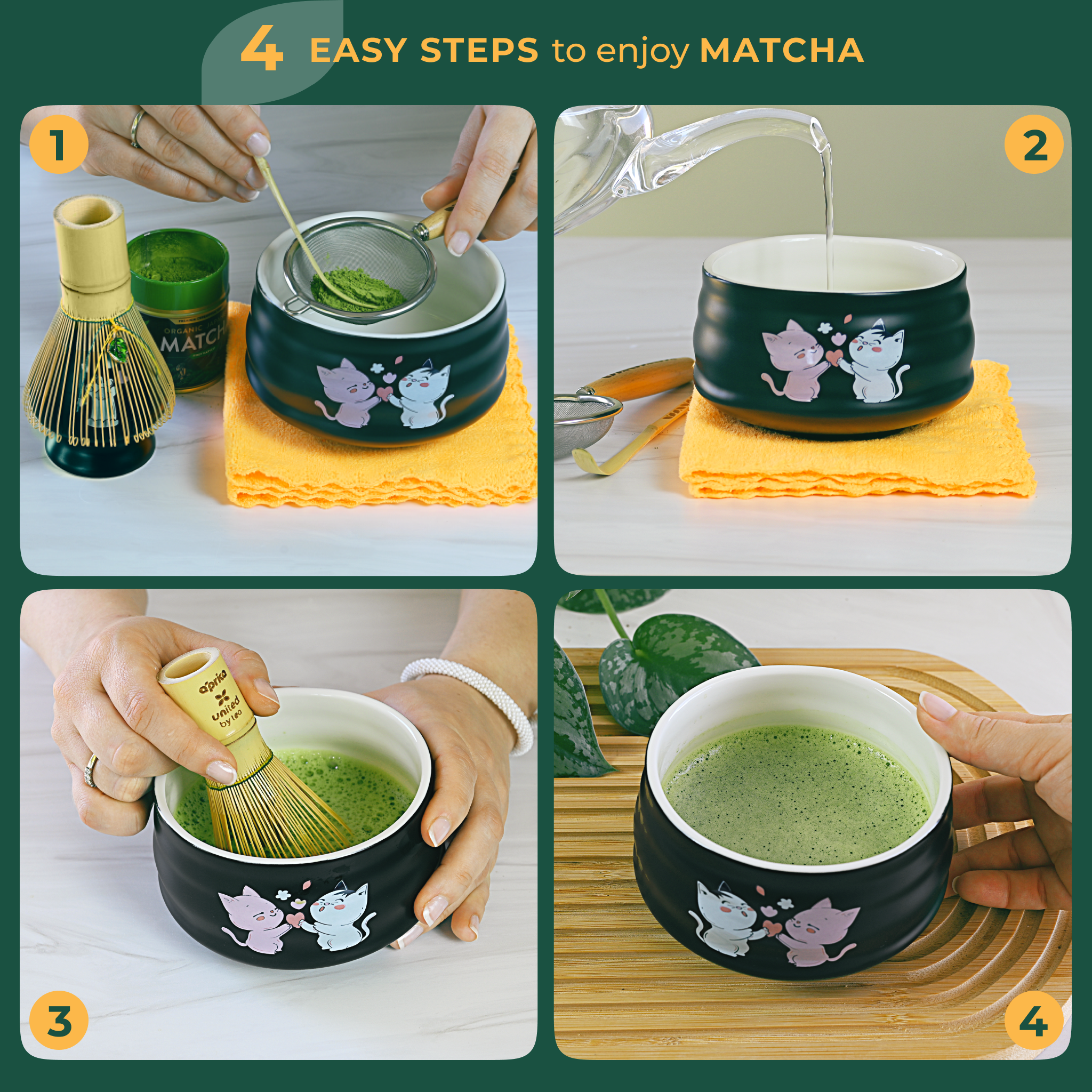 A 4-step guide shows how to prepare matcha tea in a cute cat bowl using a bamboo whisk, sifter, and hot water—perfect for anyone with the Black Unfurl Matcha Gift Set.